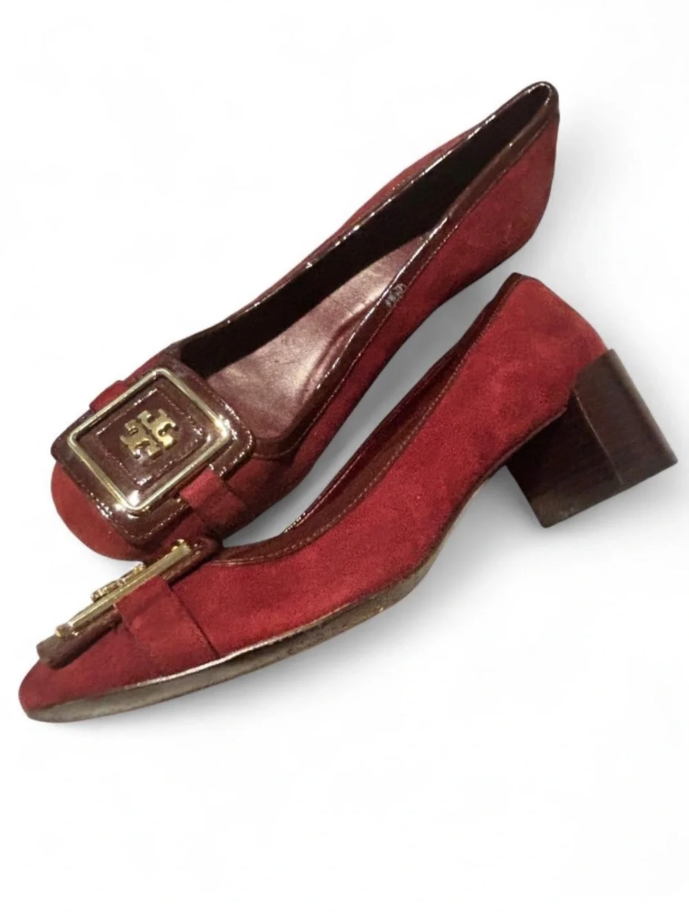 Tory Burch Size 7.5M Burgundy Suede Gorgeous Logo Square-Buckle Flats
